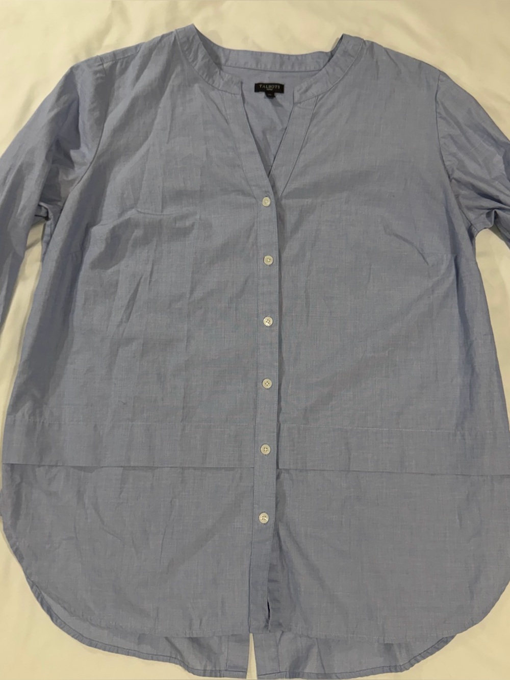 Talbots Woman 1X Chambray Blue Button Front & Back V-Neck 3/4 Sleeves w/ Ties